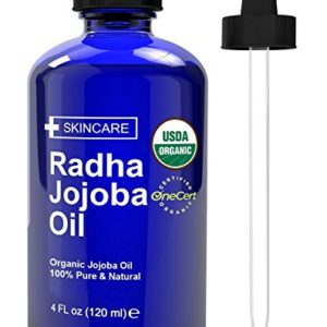 Radha Beauty USDA Certified Organic Jojoba Oil, 4 fl oz. - 100% Pure Unrefined Cold Pressed Jojoba - Great Carrier Oil for Moisturizing Hair, Skin, & Nails