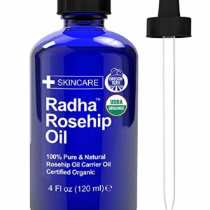 Radha Beauty Rosehip Oil USDA Certified Organic, 4 oz. - 100% Pure & Cold Pressed. All Natural Anti-Aging Moisturizing Treatment for Face, Hair, Skin & Nails, Acne Scars, Wrinkles, Dry Spots