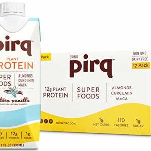 Pirq Vegan Plant Based Protein Superfood Drink, Golden Vanilla, RTD, 12g Protein, 1g Net Carbs, Almonds, Turmeric Curcumin, Maca, Dairy Free, Soy Free, Gluten Free, Kosher, Non-GMO, Keto, 12 Pack
