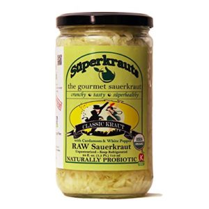 "Classic" gourmet sauerkraut: organic, raw fermented, unpasteurized, probiotic, kosher, vegan and gluten free. 24 fl. oz., 16 flavors available. No shipping charges with minimum.