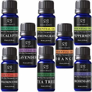 Radha Beauty Aromatherapy Top 8 Essential Oils 100% Pure & Therapeutic Grade - Basic Sampler Gift Set & Kit (Lavender, Tea Tree, Eucalyptus, Lemongrass, Orange, Peppermint, Frankincense and Rosemary)