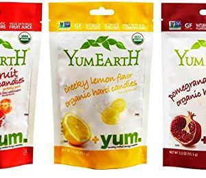 YumEarth Organic Gluten Free Vegan Candies 3 Flavor Variety Bundle: (1) Assorted Flavors, (1) Cheeky Lemon, and (1) Pomegranate, 3.3 Oz. Ea.