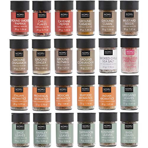 NOMU 24-Piece Starter Variety Set of Spices, Herbs, Chilis, Salts and Seasoning Blends Kit | Non-irradiated, No MSG or Preservatives