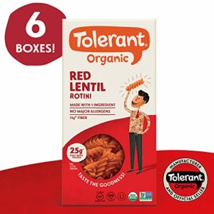 Tolerant Organic Gluten Free Red Lentil Rotini Pasta, 8 Ounce Box (Case of 6), Plant Based Protein, Vegan Pasta, Single Ingredient Protein Pasta, Whole Food, Clean Pasta, Low Glycemic Index Pasta
