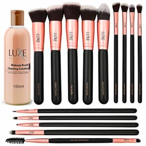 Luxe Premium Makeup Brushes Set with Brush Cleaning Solution - 14 Pc Face and Eye, Synthetic Brushes for Foundation, Powder, Blush, and Eyeshadow