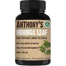 Anthony's Moringa Leaf Supplement, 180 Capsules, 1500mg Per Serving, Green Superfood, Pure Leaf Powder, Vegan Friendly, Made in USA