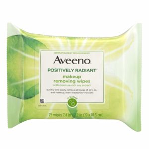 Aveeno Positively Radiant Oil-Free Makeup Removing Wipes to Help Even Skin Tone and Texture with Moisture-Rich Soy Extract, 25 ct.