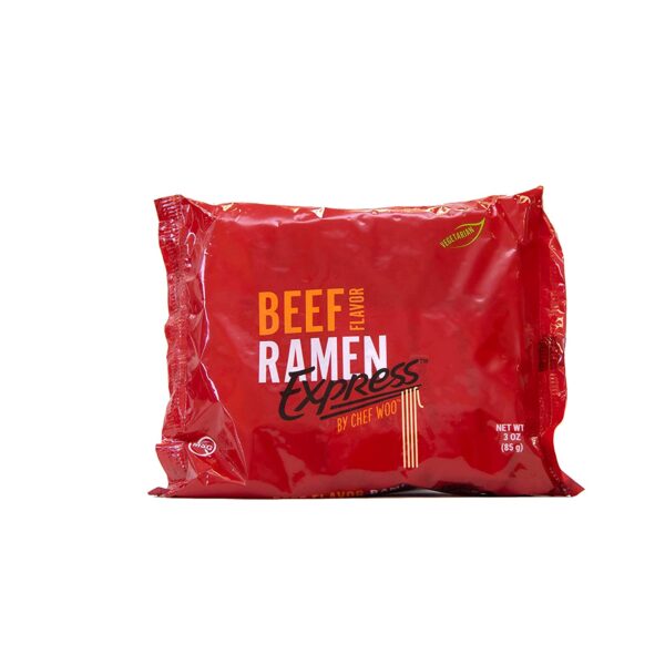 RAMEN EXPRESS Beef Flavor Ramen Noodle Packs, 3 Oz Each (Pack Of 24) by Chef Woo | Vegetarian | Kosher Beef | Halal | Egg-Free and Dairy-Free